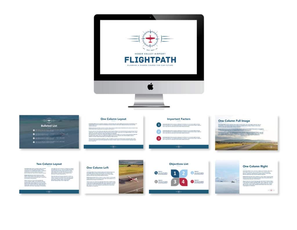 Brand collage showcasing various elements on slides of the Heber Valley Airport Flightpath master plan program brand.