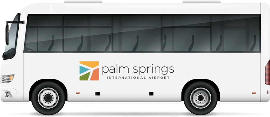 Graphic mockup showing the Palm Springs International Airport logo on a white passenger bus