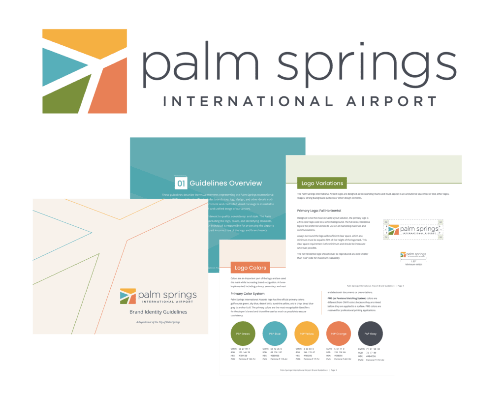 Palm Springs International Airport mockup showcasing the airports bright and mid-century modern logo, and four pages of their new brand guidelines with a vibrant color pallet of green, blue, orange, and yellow.