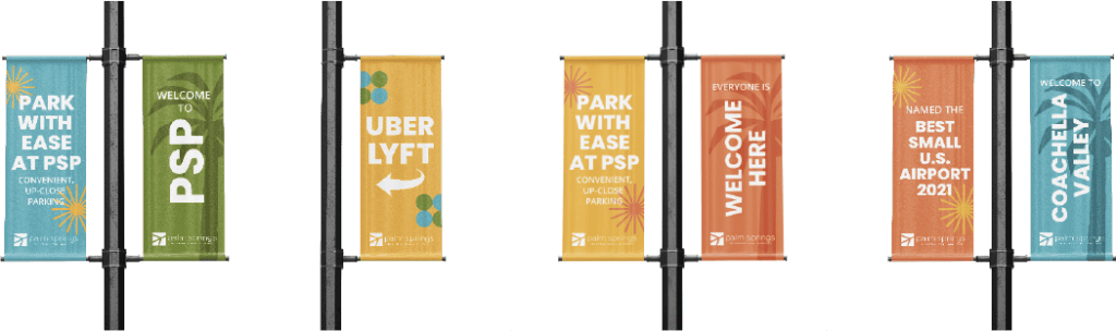 Colorful branded Palm Springs International Airport light pole banners for parking at the airport