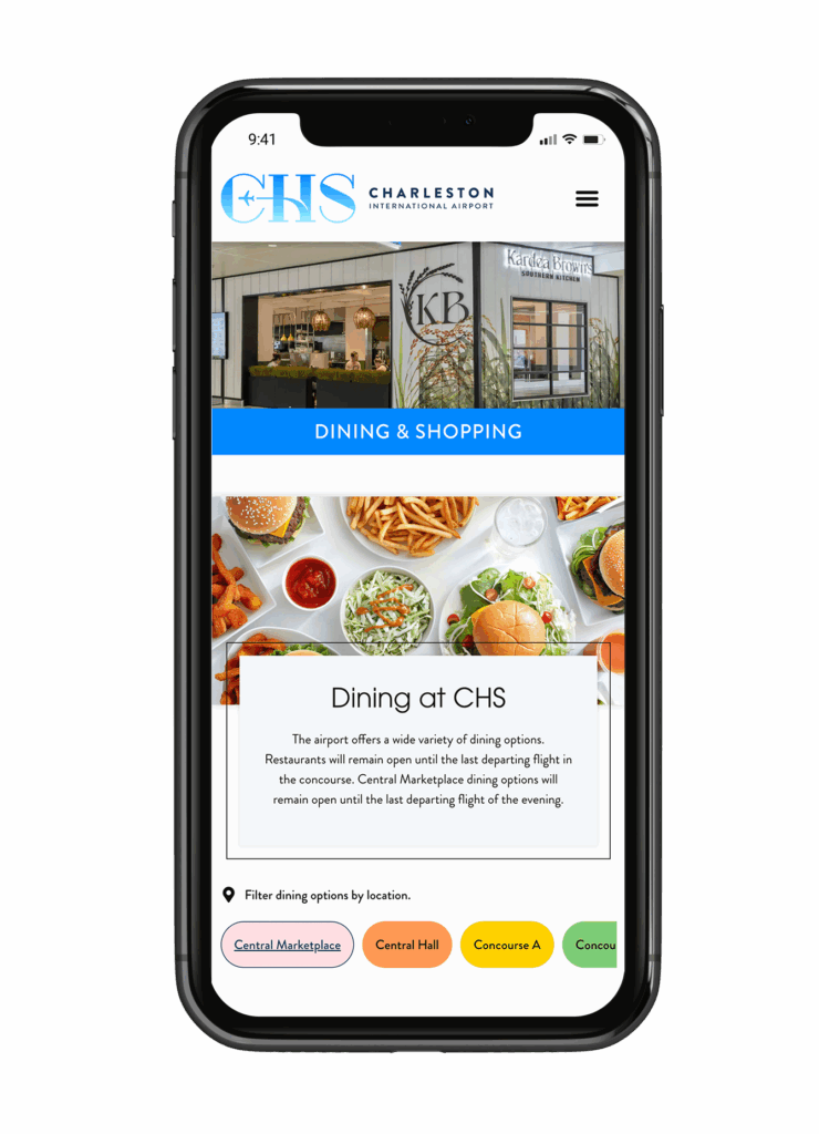Charleston Airport website mobile phone mockup by Aviatrix Communications