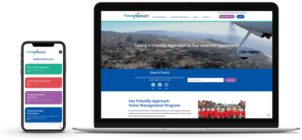 Friendly Approach Community Noise Outreach Program Website and brand mockup designed by Aviatrix Communications for the County of SMC Airports department