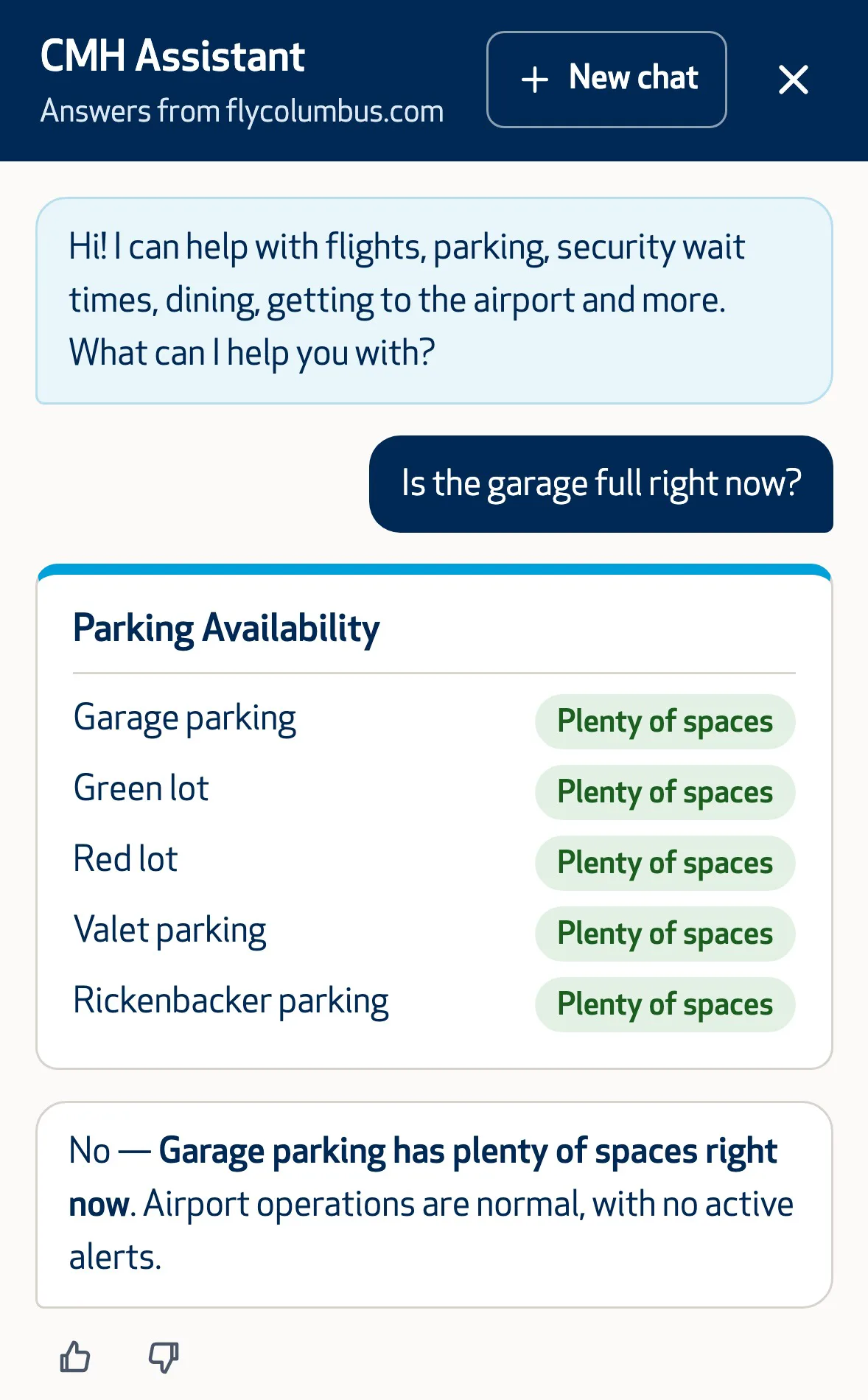 The Columbus airport assistant on a phone. A traveler asks “Is the garage full right now?” and gets a Parking Availability card showing every lot with plenty of spaces, plus a one-line answer.