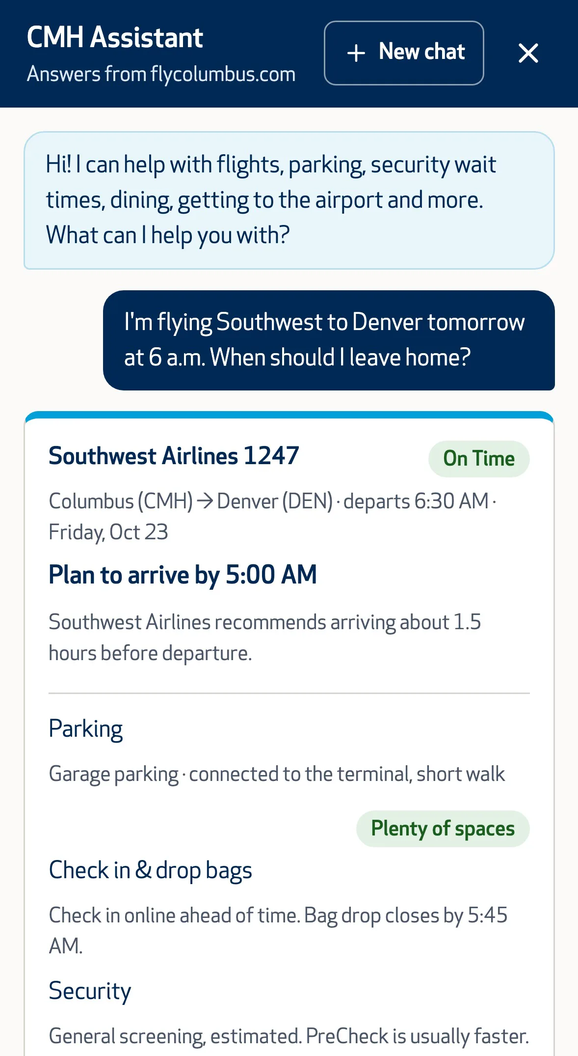 The Columbus assistant answering “When should I leave home?” with a trip plan card: Southwest 1247 to Denver is on time, plan to arrive by 5:00 a.m., garage parking has plenty of spaces, then check-in and security steps.