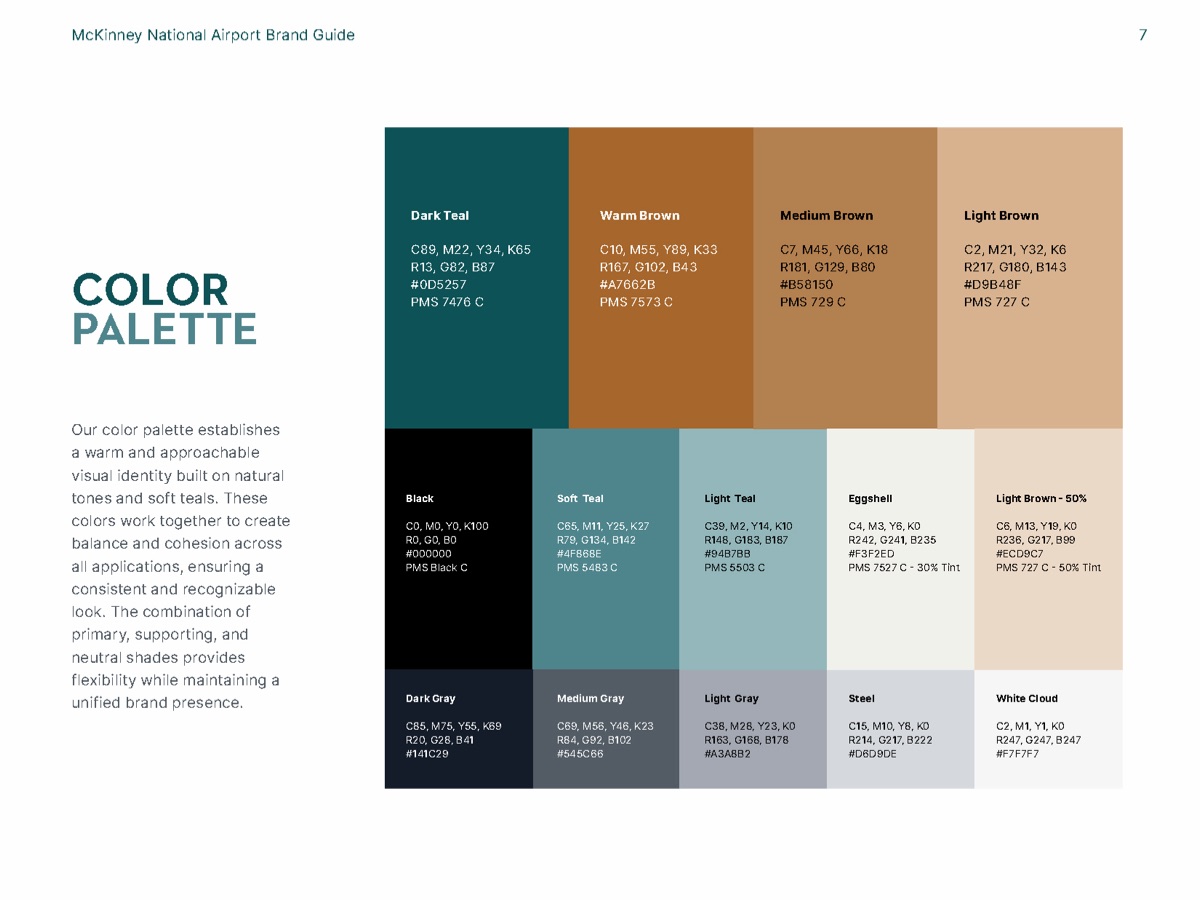 McKinney National Airport brand guide color palette page