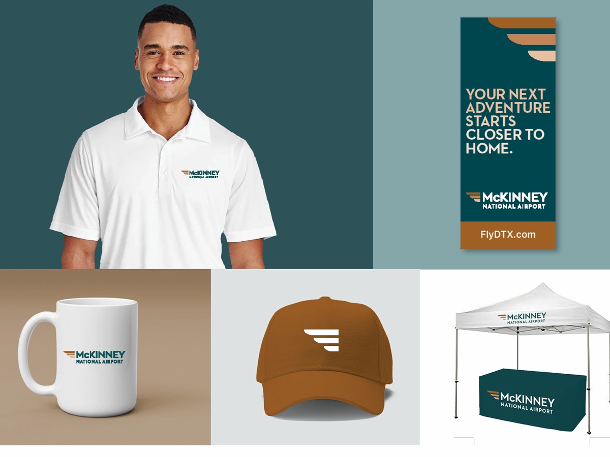 McKinney National Airport branded polo, mug, cap and event tent