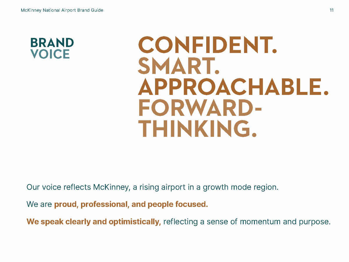 McKinney National Airport brand guide, brand voice page