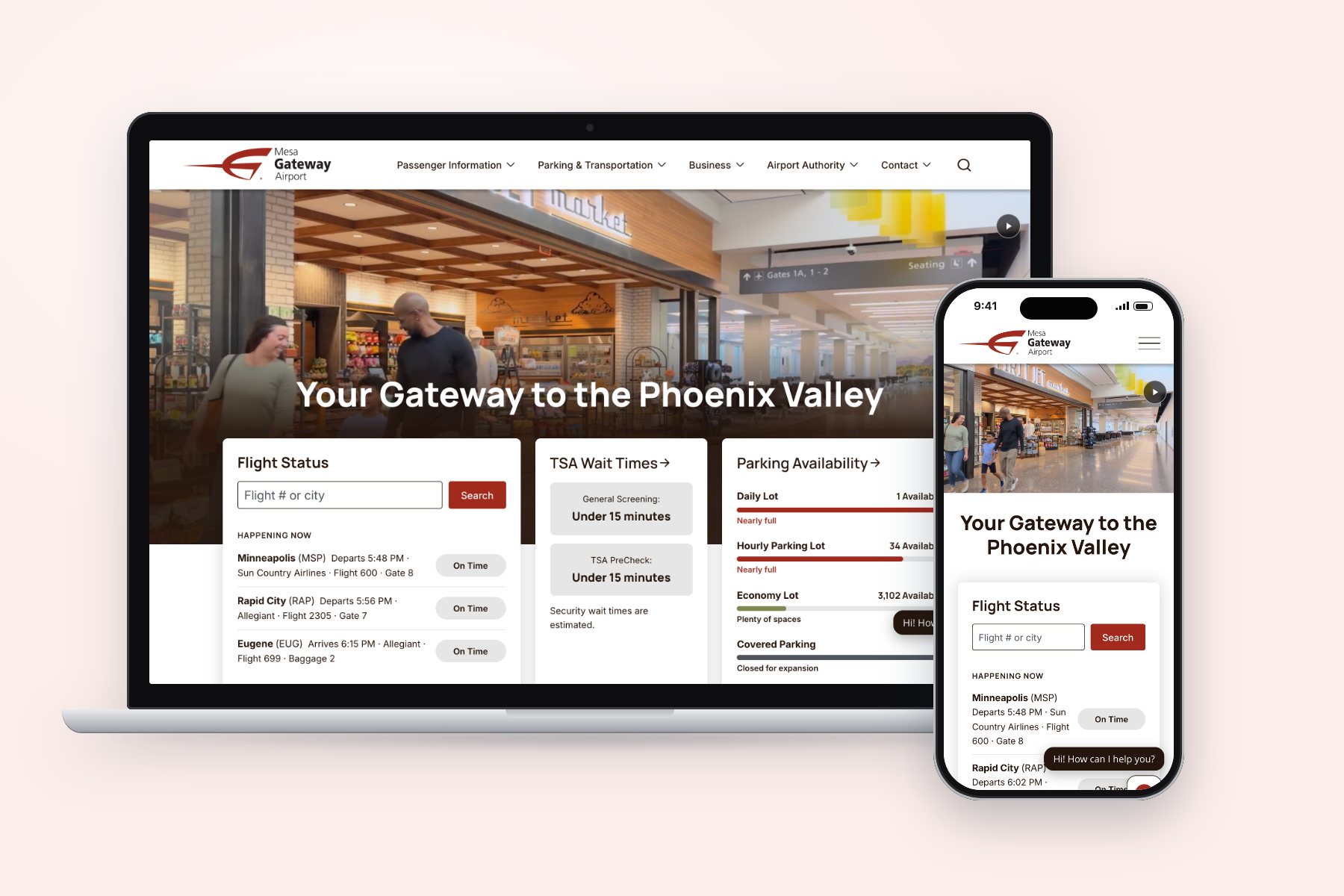 The gatewayairport.com website on a laptop and phone