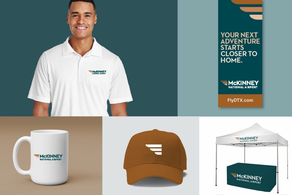 McKinney National Airport brand on a polo, banner, mug, cap and event tent