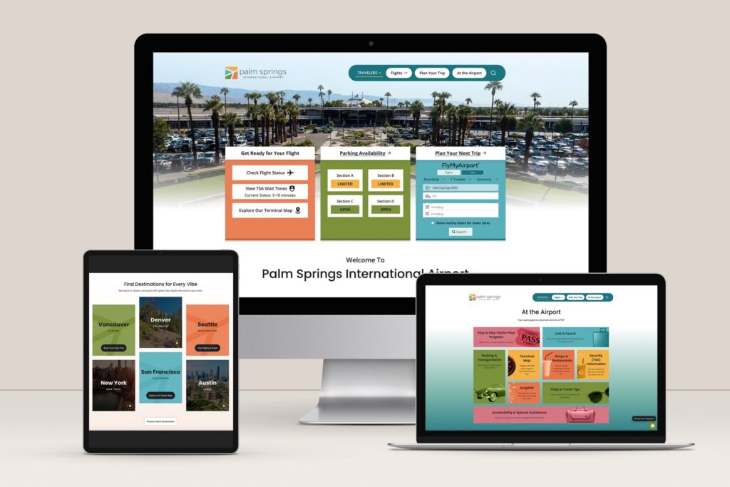 The Palm Springs International Airport website on desktop, tablet and laptop screens